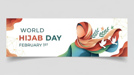 World Hijab Day banner with woman in hijab and doves illustration for social media and awareness campaigns February 1st