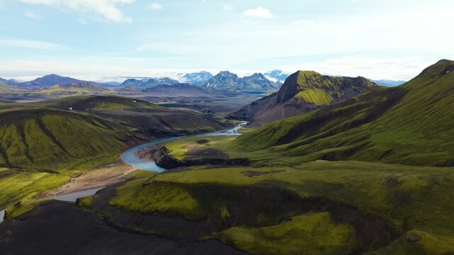 Cinematic Drone View of Widing Blue River in Green Vlcanic Valley