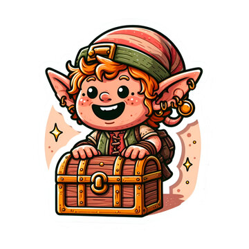 Cheerful Elf Character with Treasure Chest and Sparkles