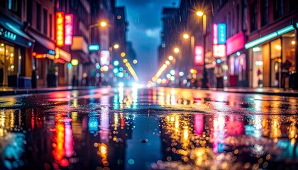 Rain-soaked city street reflected in puddles, soft neon lights blurred by rainfall, cinematic night atmosphere, shallow depth of field, moody urban aesthetic, high detail
