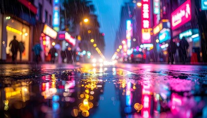 Rain-soaked city street reflected in puddles, soft neon lights blurred by rainfall, cinematic night atmosphere, shallow depth of field, moody urban aesthetic, high detail