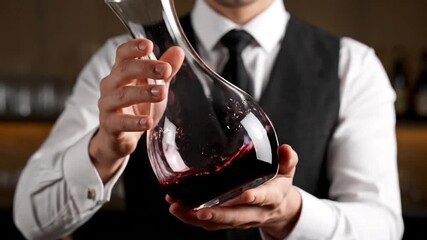 A person in formal attire holds a glass decanter, swirling red liquid inside