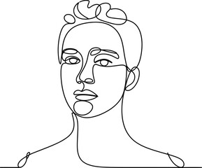 Simple line drawing of a human face profile with curly hair