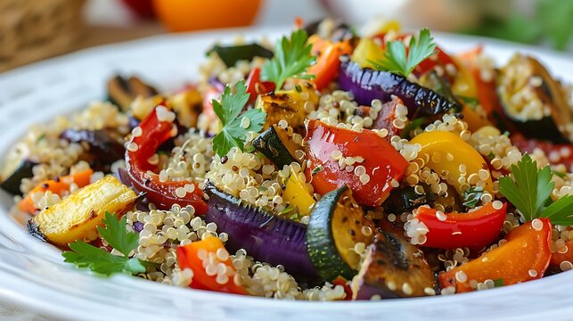 A plate of quinoa salad with roasted vegetables