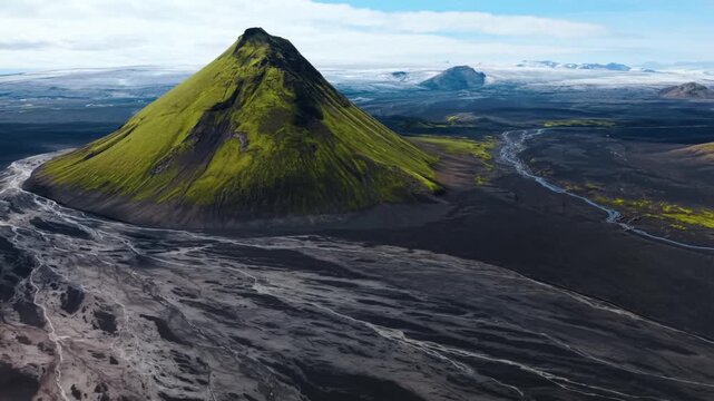 Majestic Mossy Volcano Pea Surrounded by Black Sand nd Glacial Rivers