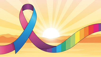 Awareness ribbon with rainbow colors symbolizing hope and support against a sunrise background for campaigns and events