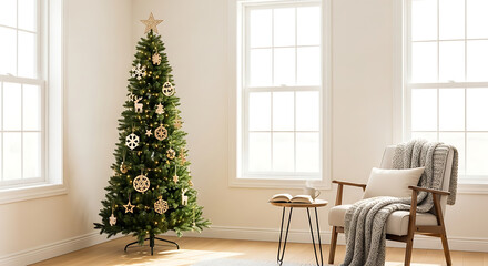Bright Christmas Tree in Cozy Living Room with Armchair and Window Light