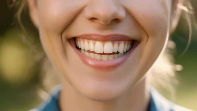 Close-up smiling woman's face outdoors with teeth and blurred background