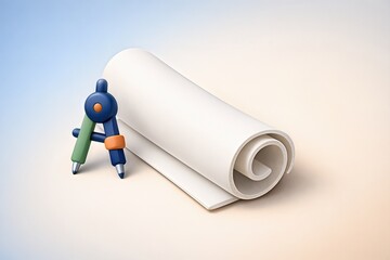Creative design concepts represented by a rolled white architectural blueprint accompanied by a compass tool symbolizing precision and innovation in planning and development