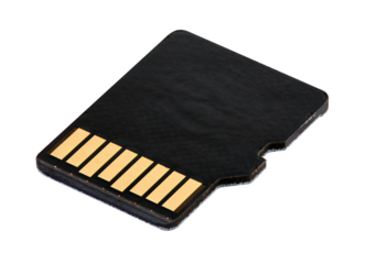 New SD memory card, portable compact storage and backup device, on white transparent background.