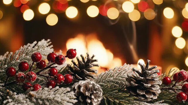 Frosted pine branches with red berries and pinecones in front of a cozy fireplace with bokeh lights.