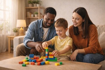 Diverse Parents Spending Quality Time with Child at Home