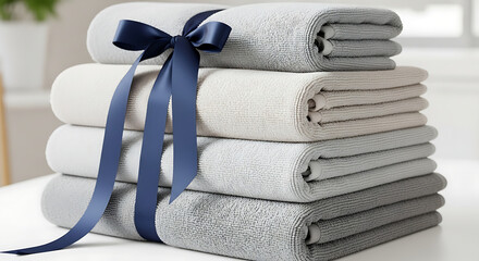 Stack of Soft Towels Tied with Navy Ribbon