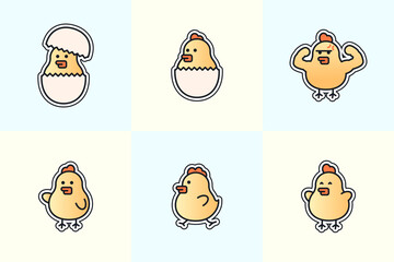 Cute cartoon chick mascot set showing hatching walking flexing poses