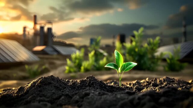 A closeup of a young plant sprouting from a mound of soil, with a backdrop of a sunset. The plant has vibrant green leaves and is positioned in the foreground.