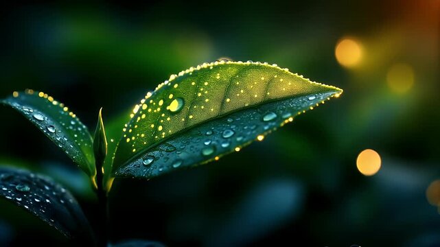 Tea industry. Tea leaves. Plantation. Culture. A closeup of a leaf with water droplets on it, set against a blurred background with bokeh effects. The leafs texture is visible.