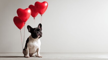 French bulldog sitting on wooden floor, surrounded by three red heart-shaped balloons