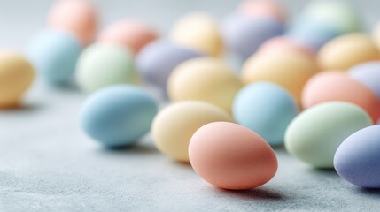 Colorful pastel eggs scattered on a soft gray surface, creating a vibrant