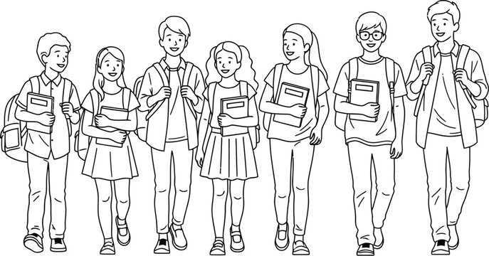 Diverse group of happy elementary or middle school students walking together carrying books and wearing backpacks for school - Powered by Adobe