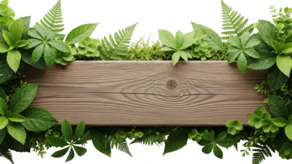 Natural wooden sign surrounded by lush green leaves