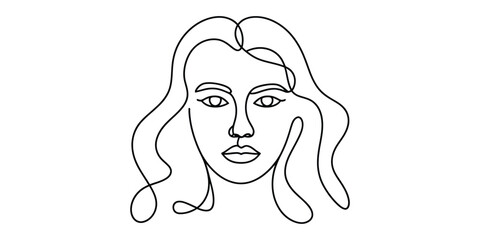 Continuous line art drawing of a woman's face with flowing hair on a white background