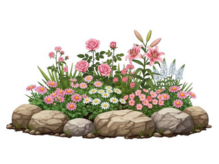 Vibrant flower bed with pink roses and daisies