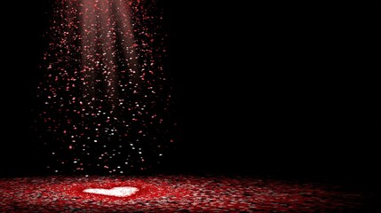 Red glitter falling with heart spotlight from above, forming a shiny heart shape on the floor, romantic Valentine love concept with glowing particles and festive elegant atmosphere