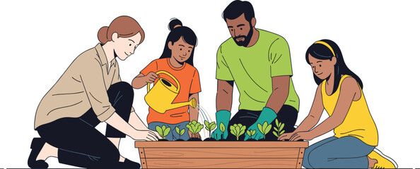 Happy Diverse Family Gardening Together Planting Seedlings in Wooden Box Vector Illustration for Sustainability Education Community Garden and Outdoor Lifestyle Concept