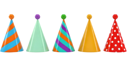 Five colorful party hats isolated on transparent background