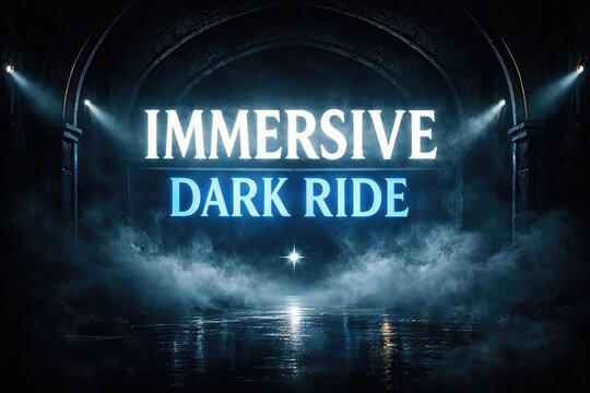 Immersive dark ride experience showcasing captivating lighting and fog effects in atmospheric setting, evoking a sense of adventure and exploration in an enchanting environment