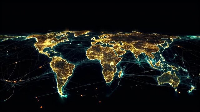 A highresolution digital artwork of a world map illuminated by neon lights. The map is detailed with intricate lines and dots that form the continents and oceans.