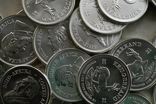 High resolution close up color image of Silver bullion coins &ndash; South African Krugerrand 