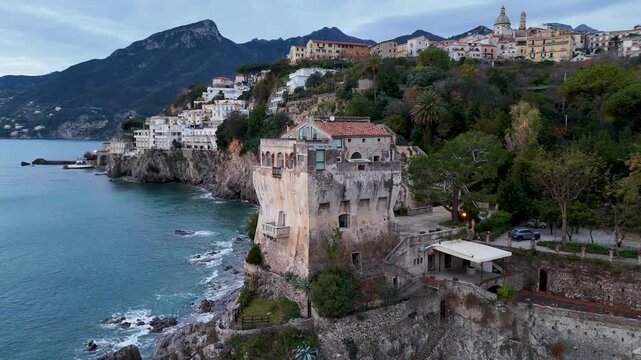 Drone Aerial view of Crestarella Tower and Vietri sul Mare town on Amalfi Coast, Campania, Italy