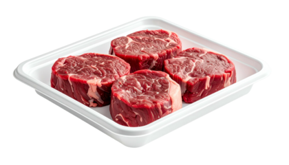 Four raw, round beef tenderloin steaks are arranged on a white plastic tray