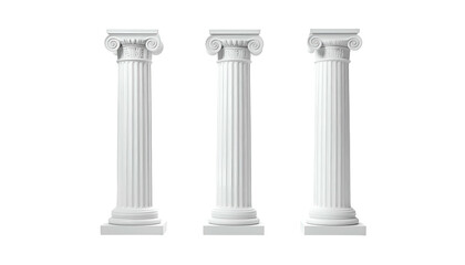 Obraz premium Three classical white Ionic columns stand, isolated against a black background