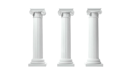 Three classical white Ionic columns stand, isolated against a black background
