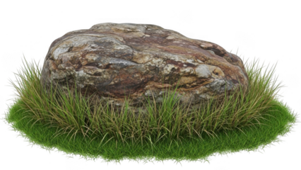 Large rock resting on a bed of green grass