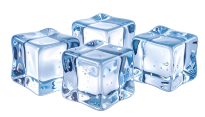Four translucent ice cubes, clustered together, against a black background