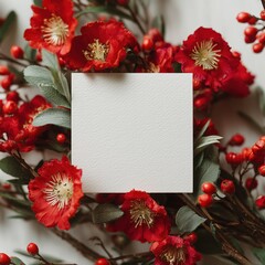 Red flowers and berries on white background with copy space