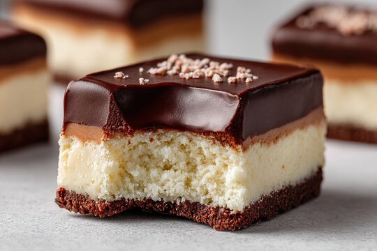 Decadent layered chocolate cheesecake bar with a bite taken out