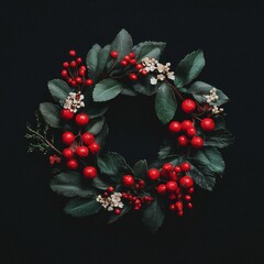 Christmas Wreath with Red Berries and Green Leaves on Black Background