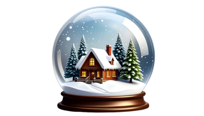A snow globe with a cozy house amidst snowy pine trees, creating a winter scene