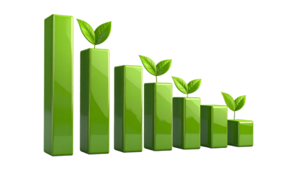 Glossy green bars diminishing in size, topped with leaves, against black backdrop