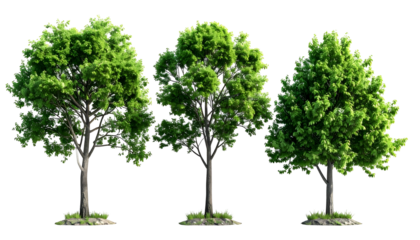 Three realistic digitally rendered trees of varying shapes and sizes on a transparent background