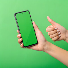 Hand Holding Smartphone with Green Screen and Thumbs Up Gesture on Green Background.