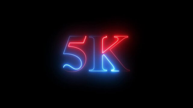 Glowing neon line 5K followers icon animation in Ultra HD, isolated on a black background, celebrating congratulations for 5K milestone with vibrant neon text motion.