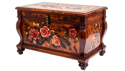 Ornate, wooden chest with painted floral designs, arched sides, and claw feet