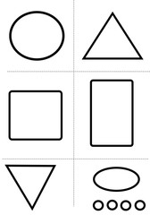 Black and white worksheet featuring basic geometric shapes in clean outline style. Printable educational activity for kids, preschool, homeschool and classroom learning. Simple vector line art design.