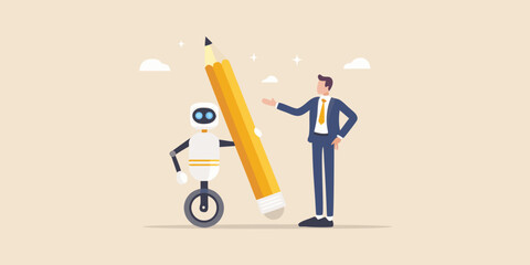 A robotic assistant and businessperson collaborate with a giant pencil