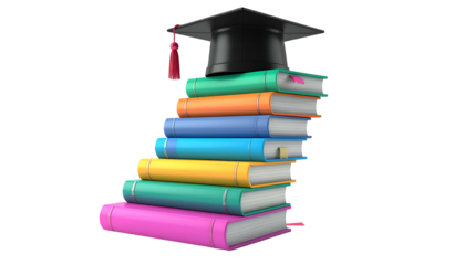 A stack of colorful books with a graduation cap on top, representing education